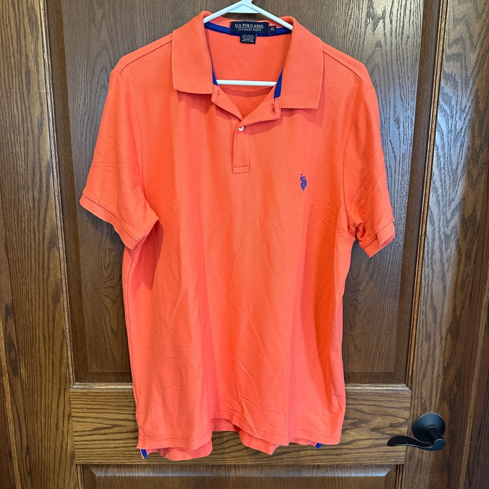 US Polo Assn Mens Ultimate Pique Polo Shirt‎ Orange XL Short Sleeve Blue Logo
